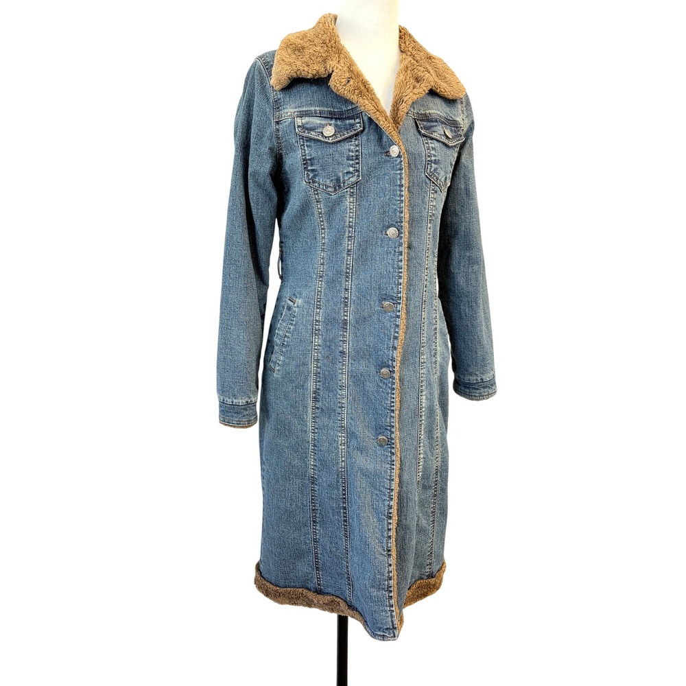 Y2K Plessa Style Jean Vintage Denim Penny‎ Lane Coat Faux Fur Trim Blue Medium